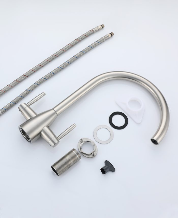 Stainless Steel Kithcen Mixer Tap Dual Lever 360 Swivel Spout - Image 9