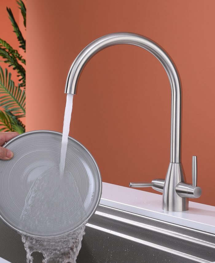 Stainless Steel Kithcen Mixer Tap Dual Lever 360 Swivel Spout - Image 7